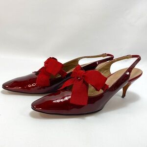 Vintage Bon Marche Maroon Leather Heels Size 9 AAA Ribbon Bows Sling Back Flaws